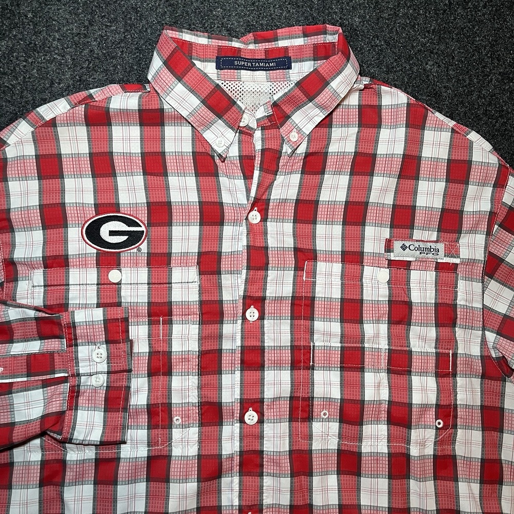 UGA Bulldogs Columbia PFG Super Tamiami‎ Long Sleeve Red Plaid Shirt Mens M